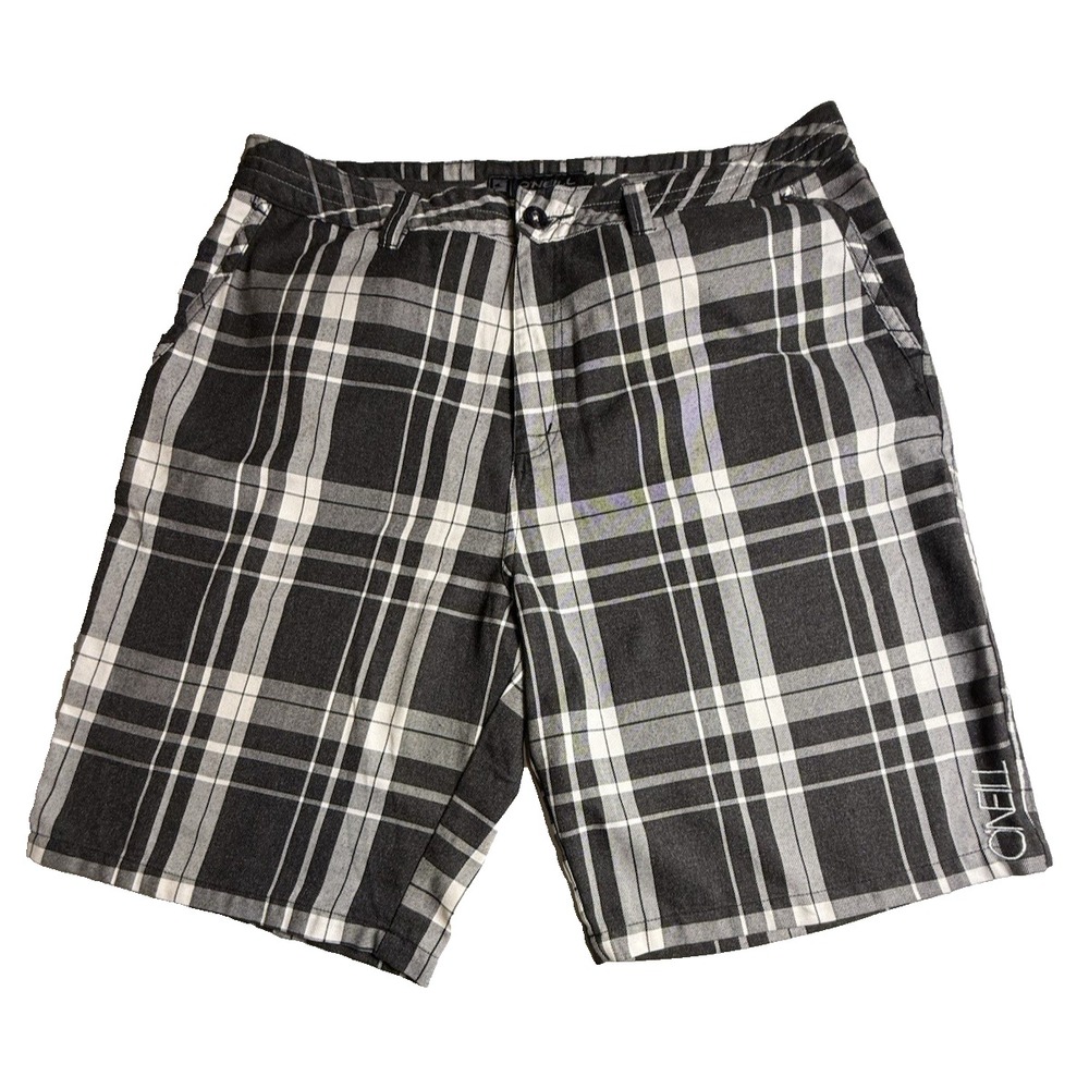 Vintage Y2K O'Neill Board Shorts Men's 38 X 10 Black/Gray Plaid Log Zip-647